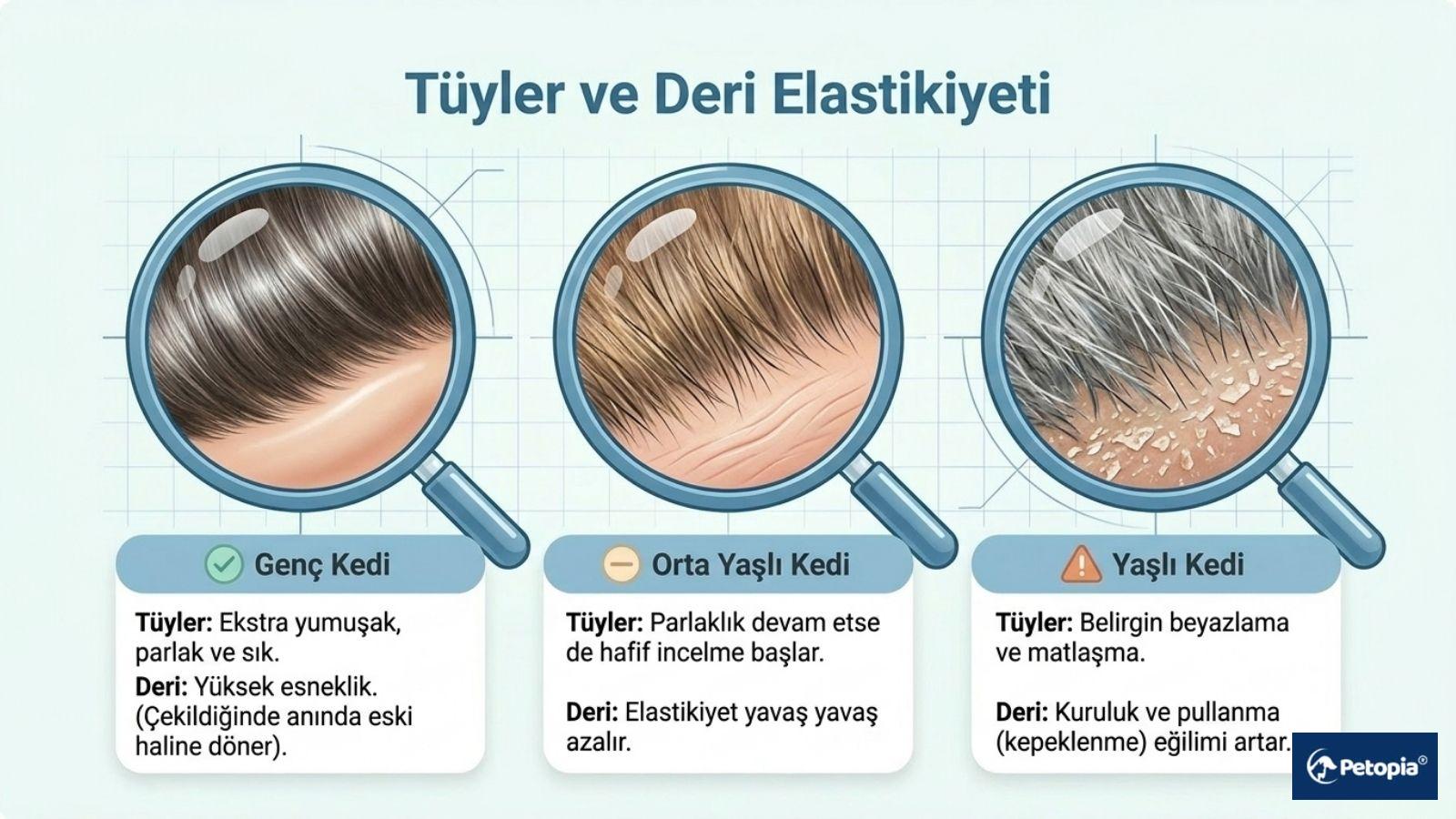 "Tüyler ve Deri Elastikiyeti" başlıklı, büyüteç altında genç, orta yaşlı ve yaşlı kedilerin tüy yumuşaklığı ile deri esnekliği ve kuruluk durumunu kıyaslayan karşılaştırmalı görsel