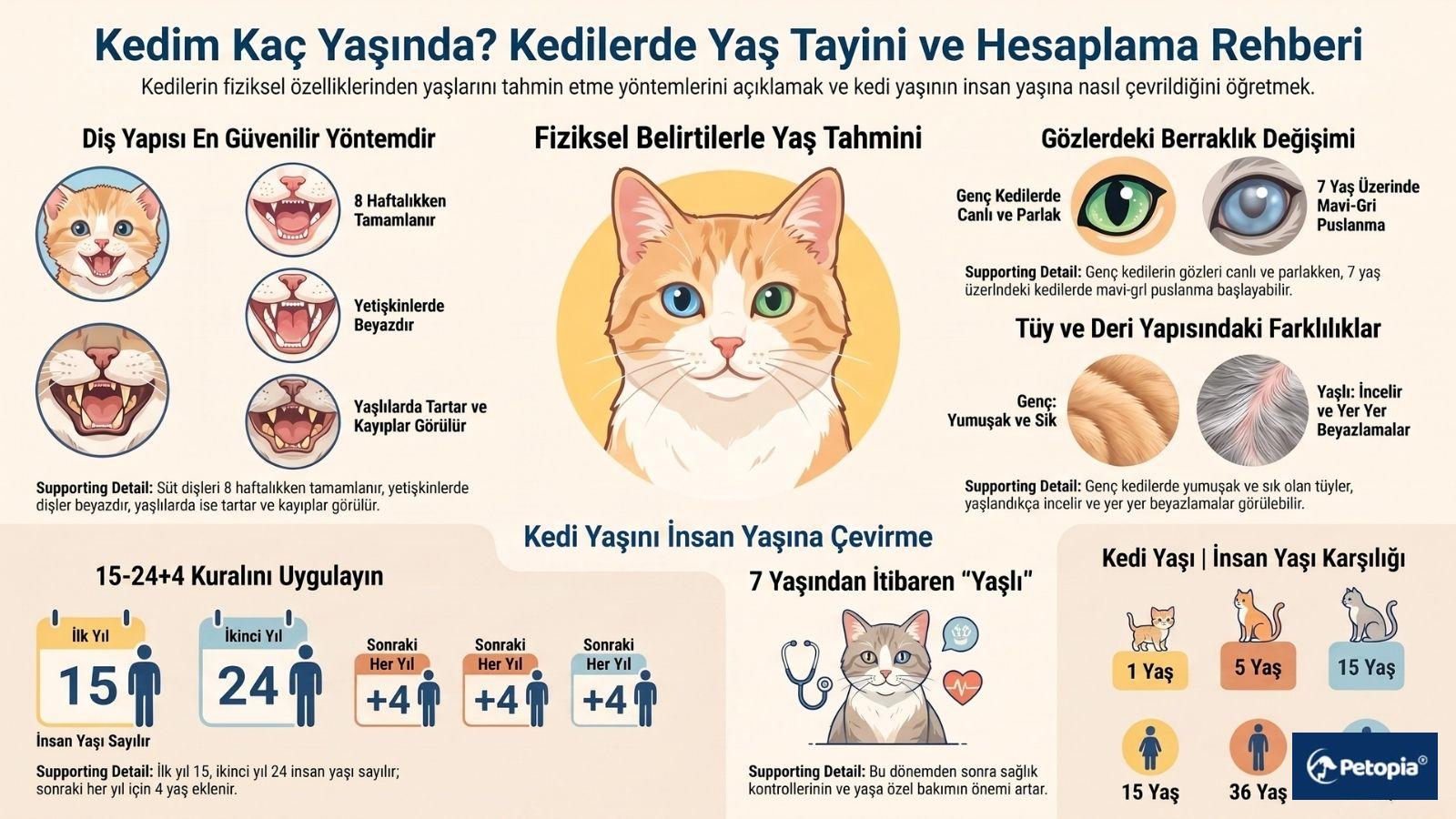 "Kedim Kaç Yaşında? Kedilerde Yaş Tayini ve Hesaplama Rehberi" başlıklı, diş yapısı, göz berraklığı, tüy ve deri yapısı ile insan yaşı hesaplama kuralını tek bir sayfada özetleyen geniş kapsamlı infografik afiş